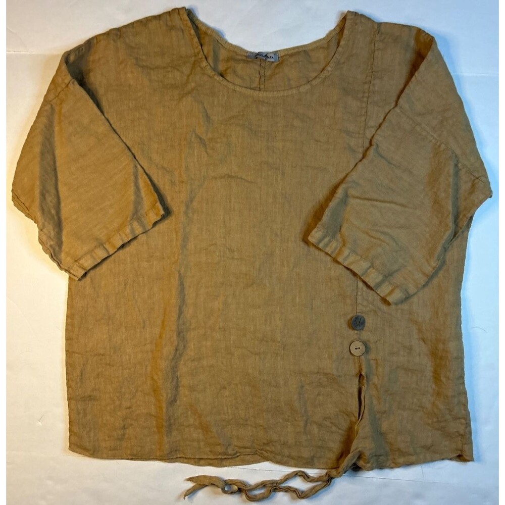 Angela Mara Made in Italy 100% Linen Brown Tie Bottom Buttons XL / TG 3/4